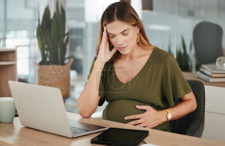 Photo for Stress, headache and pregnant woman with laptop in office with vertigo, tension or pain. Pregnancy, burnout and female manager with brain fog, low energy or anxiety while online on project proposal. - Royalty Free Image