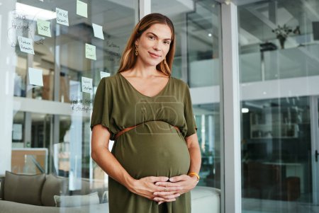 Photo for Portrait, planning and a pregnant business woman in her office at the start of her maternity leave from work. Company, belly and pregnancy with a confident young employee as a mom in the workplace. - Royalty Free Image