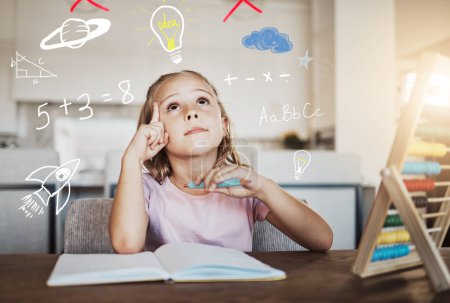 Photo for Child, thinking and homework with light bulb for learning math, numbers and creative ideas or solution at home. Girl or kid with school book and education doodle, brainstorming or imagination overlay. - Royalty Free Image