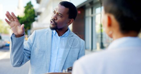 Photo for Sales, talking and black man with a woman in the city for a meeting, business or communication. Thinking, town and an African salesman with paperwork, report or documents for a customer conversation. - Royalty Free Image