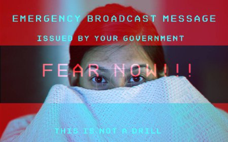 Photo for Woman, portrait and face with emergency warning watching TV at night with broadcast in fear at home. Female person hiding with blanket on overlay in global message, government or scary content. - Royalty Free Image