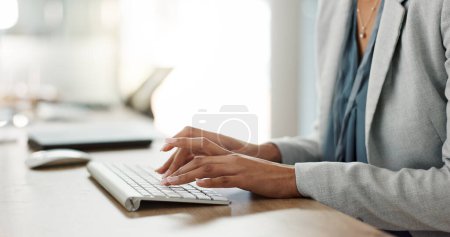 Photo for Keyboard, hands and businesswoman in the office typing for legal research for a court case. Technology, career and closeup of professional female attorney working on a law project in modern workplace. - Royalty Free Image
