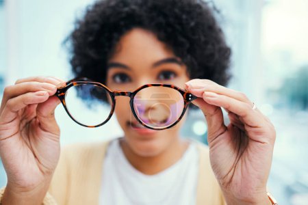 Photo for Vision, glasses in hands and woman with eye care, wellness and check frame or lens quality. Health, insurance and eyesight improvement, designer eyewear zoom with cosmetic accessory and optometry. - Royalty Free Image