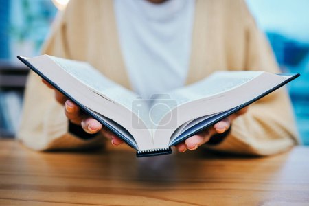 Photo for Woman, bible study and reading with hands, god and worship for religion, spiritual and church. Christian, faith and education for christ, believe and respect for scripture, prayer and holy knowledge. - Royalty Free Image