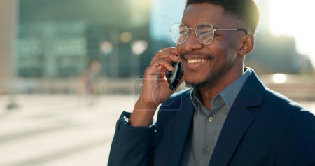 Photo for Business deal, city or happy black man on a phone call talking, networking or speaking to chat. Mobile, communication or African male entrepreneur in conversation, discussion or negotiation outdoors. - Royalty Free Image