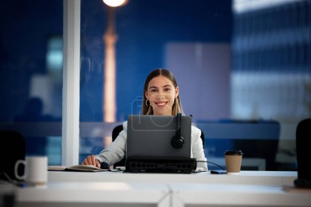 Photo for Business woman, computer and call center portrait for night planning, e commerce and online reviews or research. Face of young agent or consultant working on laptop for telemarketing or sales report. - Royalty Free Image
