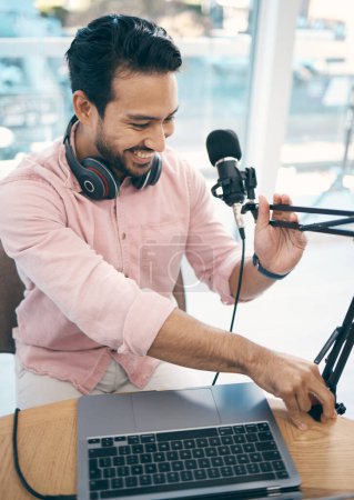Photo for Communication microphone, podcast speaker and happy man, content creator or presenter of talk show, broadcast or live stream. Radio network production, voice report and creative host fix mic stand. - Royalty Free Image