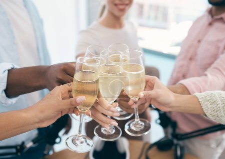 Photo for Hands, Champagne and toast with celebration and professional people in office with alcohol and success. Winning, team and employees cheers with alcoholic drink, closeup with partnership and pride. - Royalty Free Image