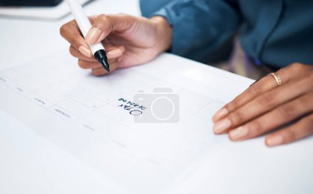Photo for Woman, hands and marker on calendar for tax, deadline or reminder in schedule planning or strategy on desk at office. Closeup of female person writing on paper for agenda, memory or plan at workplace. - Royalty Free Image