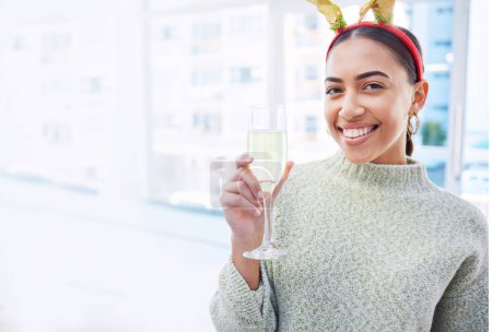 Photo for Woman, champagne and portrait in office, space and Christmas party with celebration drink for cheers. Excited girl, xmas and glass for alcohol, sparkling wine and happy at event for holiday mockup. - Royalty Free Image