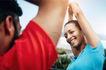 Photo for People are stretching, fitness and start workout with athlete, personal trainer or couple ready for exercise outdoor. Health, wellness and prepare for sports and happy with warm up and flexibility. - Royalty Free Image
