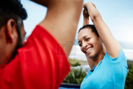 Photo for People are stretching, fitness and start training with athlete, personal trainer or couple ready for workout outdoor. Health, wellness and prepare for exercise, sports and flexibility with warm up. - Royalty Free Image