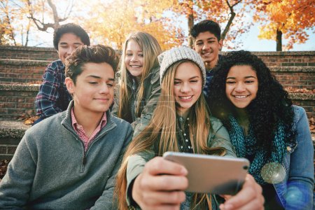 Photo for Selfie, diversity or friends in park for social media, online post or profile picture in autumn or nature. Smile, freedom or happy gen z students taking photograph on fun holiday vacation to relax. - Royalty Free Image