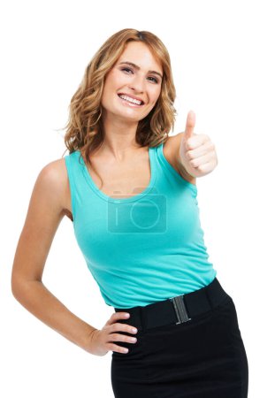 Photo for Portrait, woman and thumbs up in studio for success of deal, winning bonus promotion or review on white background. Happy model show sign of emoji, feedback or vote in agreement to support excellence. - Royalty Free Image