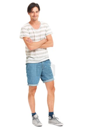 Photo for Happy man, portrait and casual style with arms folded in relaxed pose, fashion aesthetic and white background in studio. Young model, male and confident with positive attitude for summer and mockup. - Royalty Free Image