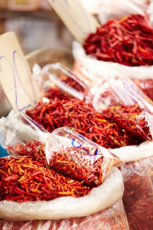 Photo for Chilli, pepper and market for shopping sale, discount or wholesale promotion at vendor store or local trading. Bag of dried fruits, red vegetables and spice for food and flavor with empty background. - Royalty Free Image