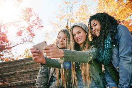 Téléchargez les photos : Selfie, sourire ou des amies dans le parc pour les médias sociaux, poste en ligne ou photo de profil ensemble en automne. Détendez-vous, la diversité ou joyeux gen z filles prendre des photos sur des vacances amusantes dans la nature. - en image libre de droit