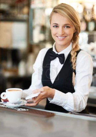 Photo for Coffee, barista and portrait of woman waiter in cafe making a latte, espresso or cappuccino at an event. Hospitality, server and female employee preparing a warm beverage in cup by a bar restaurant. - Royalty Free Image