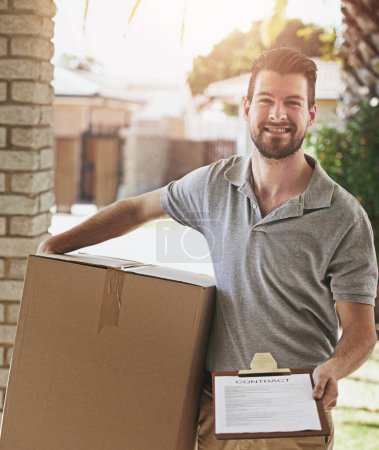 Photo for Delivery man, box and documents at front door for home courier, contract signature or transport services. Portrait of logistics worker and package for e commerce, checklist or clipboard for agreement. - Royalty Free Image
