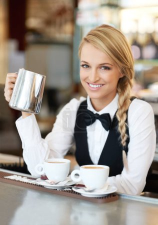 Photo for Coffee, barista and portrait of woman waitress in elegant restaurant, event or dinner. Happy, smile and young female butler from Australia making a latte or cappuccino at luxury party or celebration - Royalty Free Image