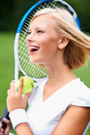 Photo for Smile, thinking or happy woman with a ball in tennis training match, fitness exercise or game outdoors. Racket, healthy person or excited girl athlete on court ready for sports, wellness or workout. - Royalty Free Image