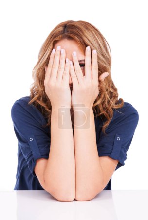 Photo for Peeking, woman and eyes in studio for secret, surprise or hiding face on white background on mock up space. Person, girl and hands closing, hide or cover eye for surprised, shocked or scared emoji. - Royalty Free Image