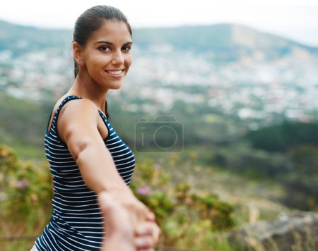 Photo for Happy woman pov, portrait or holding hands in nature on outdoor date for love with support or loyalty. Wellness, affection or couple on holiday vacation in park together to relax or travel in USA. - Royalty Free Image