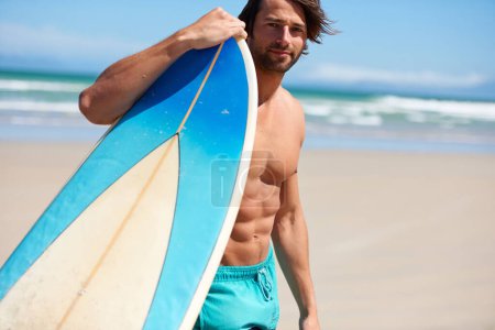 Photo for Beach, portrait and fitness man at the ocean with surfboard for training, cardio or water sports. Surfing, exercise and face of male surfer at sea for summer, fun and adventure, travel or workout. - Royalty Free Image