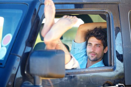 Photo for Road trip, man or feet on window of transport for relax, peace and adventure with travel or destination. Person, tourist or traveler with chilling on vacation, holiday or traveling journey in nature. - Royalty Free Image