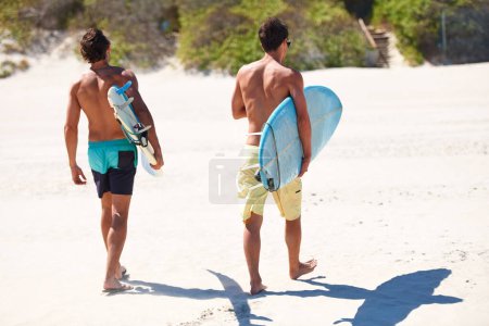 Photo for Surfing, back and men friends at a beach for fitness, adventure or training in nature together. Travel, freedom and surfer people walking at sea for water sports, bonding and summer vacation in Bali. - Royalty Free Image