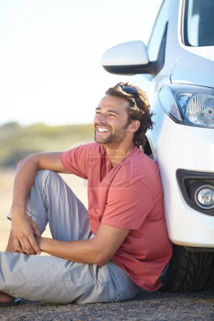 Photo for Car road trip, ground and happy man relax, sitting and smile for journey, adventure or motor transportation in Australia. Automobile, SUV vehicle and person smile, rest and break on outdoor dirt road. - Royalty Free Image