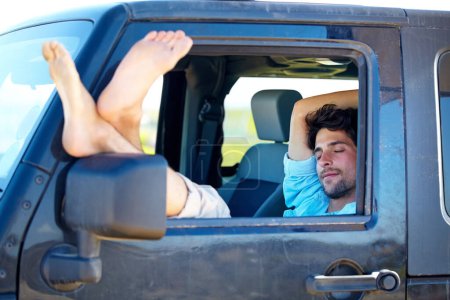 Photo for Relax, man or feet on window of car for sleeping, peace and adventure with travel or destination. Person, tourist or traveler with chilling in van on vacation, holiday or traveling journey in nature. - Royalty Free Image