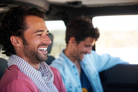 Photo for Travel, driving and happy men friends in a car for road trip, adventure or vacation together. Freedom, transportation and people laughing in a vehicle for holiday, trip or journey in the countryside. - Royalty Free Image