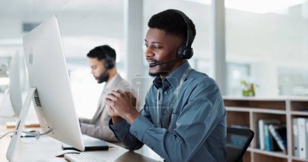 Photo for Happy black man, face and call center in customer service, support or telemarketing at office. African male person, consultant or agent with headphones for consulting in contact us or online advice. - Royalty Free Image