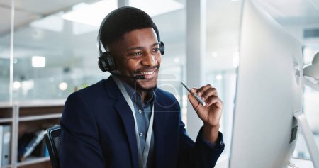 Photo for Computer, call center and black man talking, telemarketing and technical support at help desk. Communication, customer service and happy sales agent consulting, crm advisory and speaking to contact. - Royalty Free Image