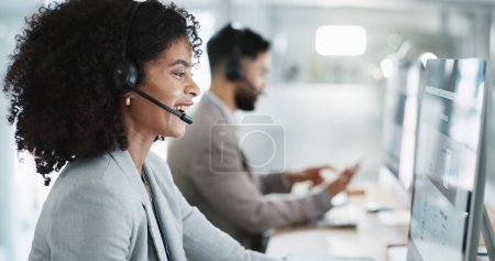 Photo for Happy woman, call center and customer service in telemarketing, support or communication at office. Friendly female person, consultant or agent smile in online advice, help or contact us at workplace. - Royalty Free Image