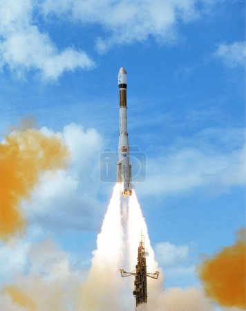 Photo for Rocket launch into sky, dust cloud and travel on space mission for research, exploration and discovery in cosmos. Science, aerospace innovation or technology, spaceship in flight with flame and fuel - Royalty Free Image