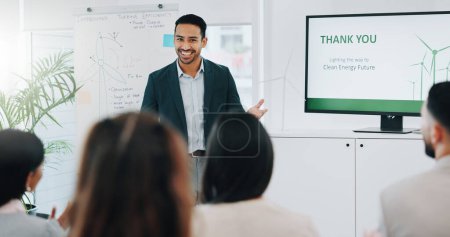 Photo for Businessman, presentation and coaching with questions in meeting, conference or idea at office. Asian man or mentor talking to audience or business people with hand raised for interaction at workshop. - Royalty Free Image