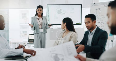 Photo for Clean energy, presentation and woman with environment data and information with discussion. Speaker, management and team leader with environmental group and planning for eco friendly company project. - Royalty Free Image