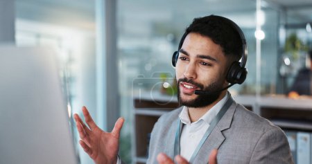 Photo for Computer, call center and man talking to customer service, crm support or contact us at help desk for inbound marketing. Communication, telemarketing and sales agent chat to client in lead generation. - Royalty Free Image