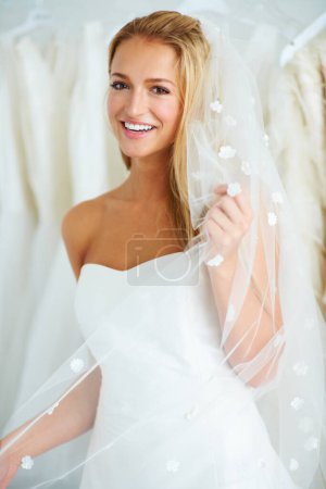 Photo for Wedding, smile and portrait of bride in a dress in luxury boutique, shop or store in a mall. Retail, romance and female person from Canada preparing for marriage ceremony, party or reception for love. - Royalty Free Image