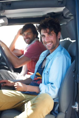 Photo for Portrait, travel and happy men friends in a van for road trip, adventure or vacation together. Freedom, transportation and face of people relax in a vehicle for holiday, trip or traveling journey. - Royalty Free Image