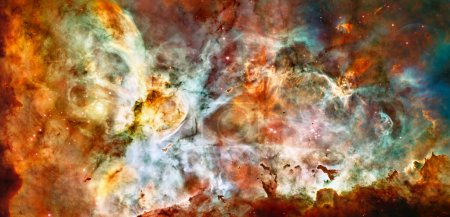 Photo for Cosmos, space and nebula dust in milky way with stars, gold light and color, glow or pattern on galaxy background. Cloud, sky and universe, aerospace or solar system for science or planets wallpaper. - Royalty Free Image