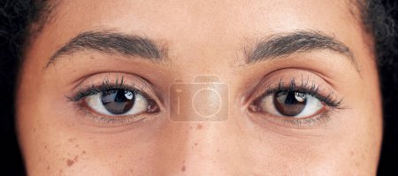 Photo for Eyes, vision and face closeup of woman for eyesight, optical care and eyelash extension with mascara. Eyebrows, eyecare and portrait of natural female person with cosmetics, microblading and beauty. - Royalty Free Image