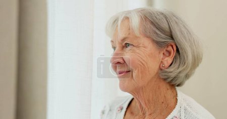 Photo for Face, thinking or nostalgia and a senior woman in a nursing home with a happy memory of the past. Smile, relax and retirement with an elderly resident remembering life in an assisted living house. - Royalty Free Image