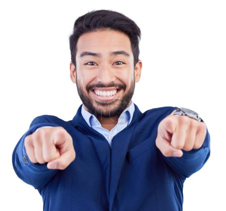 Photo for Happy asian man, portrait and pointing to you for job opportunity, sale or discount against a white studio background. Businessman smile for choice, decision or selection in career growth or goals. - Royalty Free Image