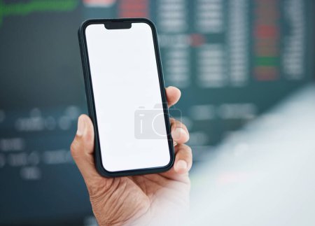 Photo for Mockup phone screen, person hands and stock exchange article, financial economy review or IPO launch news. Closeup cellphone UI, investment review or broker reading finance numbers, revenue or profit. - Royalty Free Image