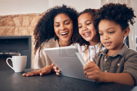 Photo for Happy, streaming and a family with a tablet in a house for communication, cartoon or games. Website, education and children, mother and technology for online reading, movie or a meme on the internet. - Royalty Free Image