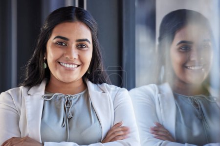 Photo for Business woman, smile and happy portrait in an office with arms crossed and career pride. Face of a young female entrepreneur with confidence, positive mindset and commitment to corporate startup. - Royalty Free Image