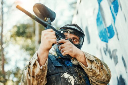 Photo for Paintball gun, gear and man aim, shooting and target soldier, warrior or training competition for battlefield fight, conflict or challenge. Army mission, male shooter and military focus on war battle. - Royalty Free Image